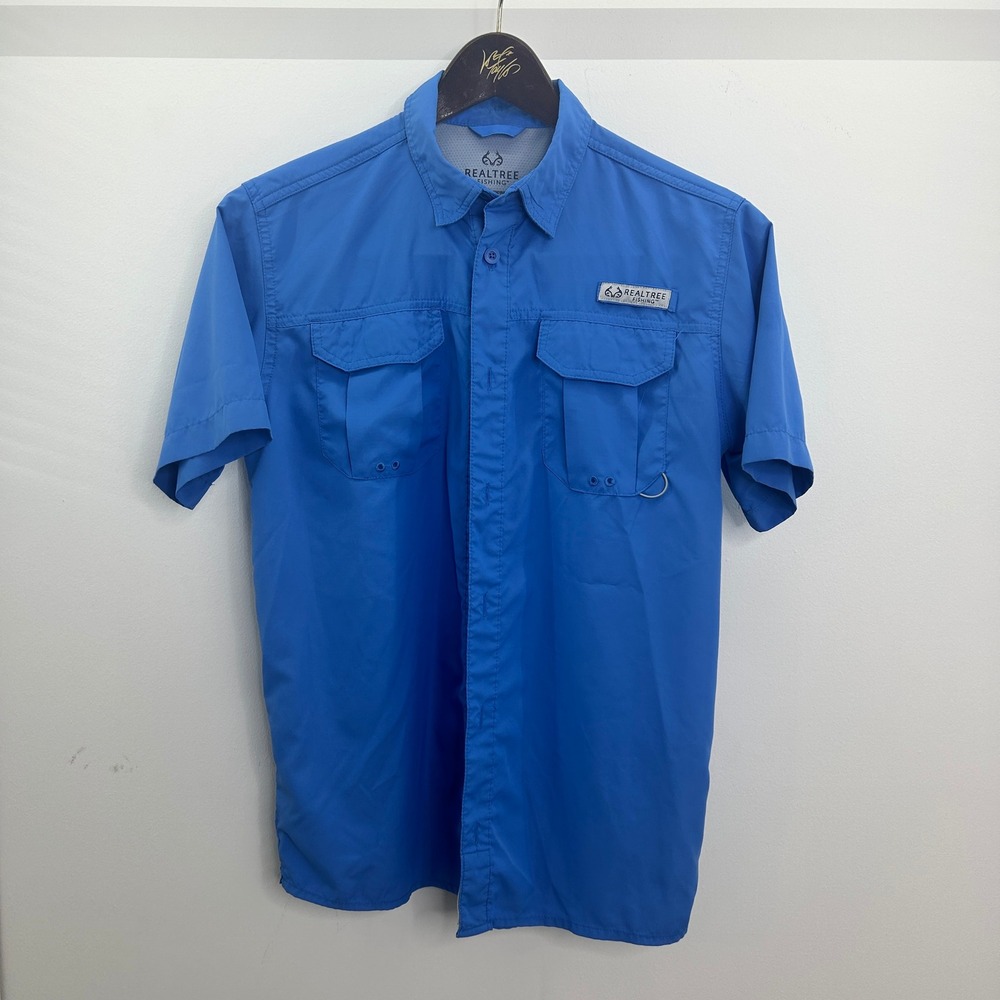 Realtree Fishing Shirt XL Men Blue Short Sleeve Vented Button Front Polyester